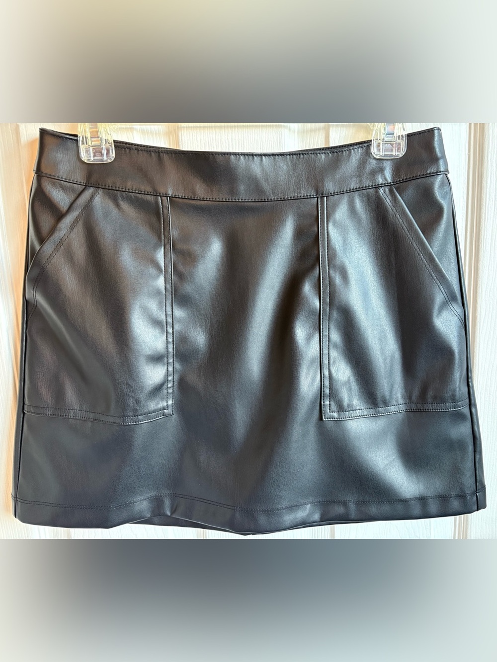 A New Day Black Faux Leather Mini Skirt with Front Pockets, Size Small